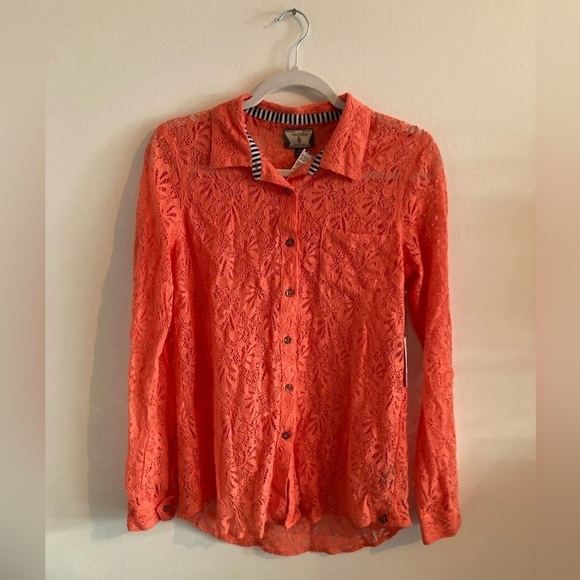 Volcom Orange Coral Peach floral Lace crochet knit Button down top small NWT - Picture 6 of 13